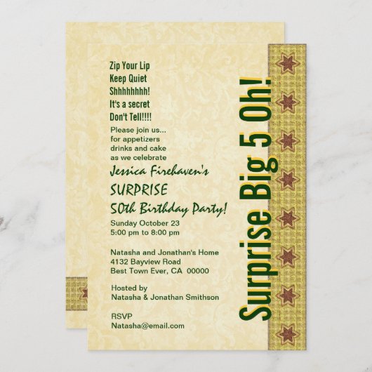 第50誕生日の金ゴールドの緑の星B382を驚かして下さい 招待状 (正面/裏面)