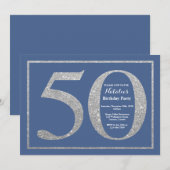 第50誕生日の青く、銀製のグリッター 招待状 (正面/裏面)