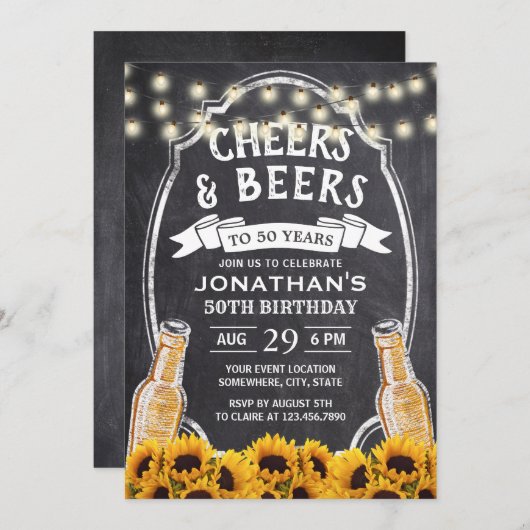 第50誕生日ひまわり素朴チョークビールパーティー 招待状 (正面/裏面)