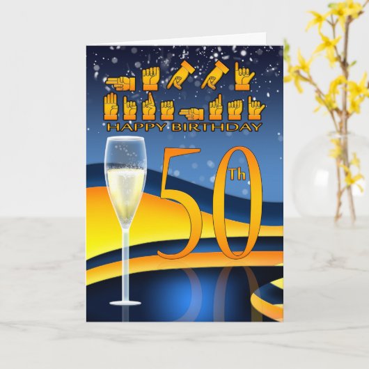 第50誕生日ろう言語ハッピーバースデーグリーチン カード (黄色い花)