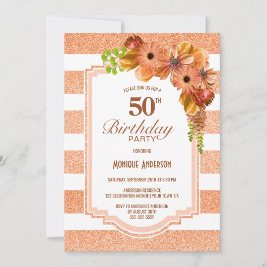 第50誕生日アプリコストライプのットフローラパーティー 招待状 (正面)