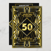 第50誕生日アールデコ金ゴールドブラック·ギャツビ素晴らしー 招待状 (正面/裏面)