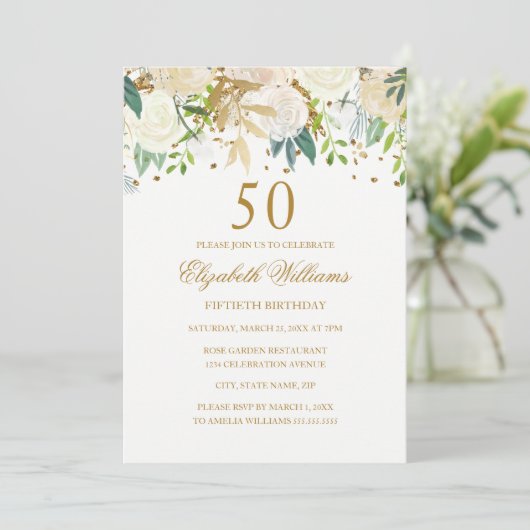 第50誕生日エレガント金ゴールドフローラ招待状 招待状 (スタンド正面)
