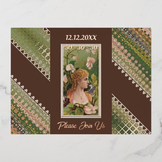 第50誕生日カスタム招待状フローラ美しい50 箔招待状ポストカード (正面)