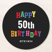 第50誕生日カラフルタイポグラフィパーソナライズされたおもしろい ラウンドペーパーコースター (正面)