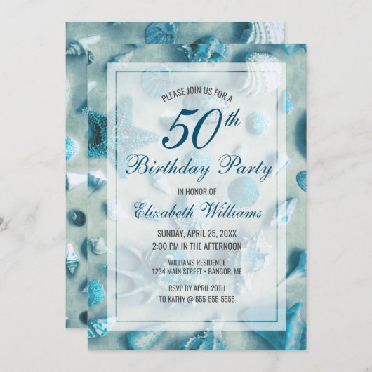 第50誕生日コースタルシーシェルズターコイズ 招待状 (正面/裏面)