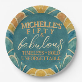 第50誕生日ティール（緑がかった色）と金ゴールドアールデコラウンド ペーパープレート