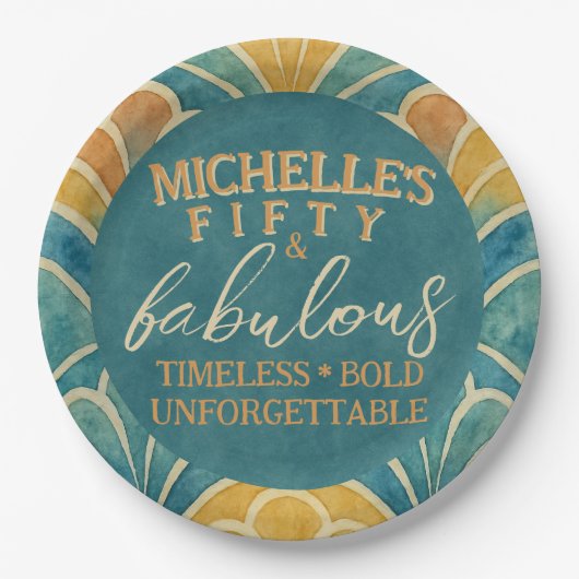 第50誕生日ティール（緑がかった色）と金ゴールドアールデコラウンド ペーパープレート (正面)
