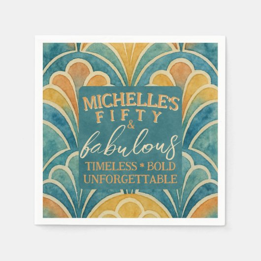 第50誕生日ティール（緑がかった色）及び金ゴールドアールデコスタイル スタンダードカクテルナプキン (正面)