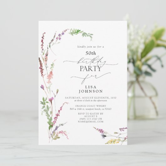 第50誕生日トレンディーエレガントワイルドフラワーフローラ 招待状 (スタンド正面)