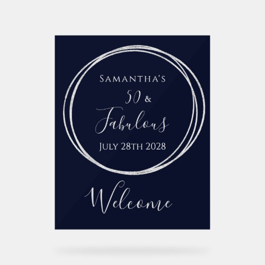 第50誕生日ネイビーシルバー誕生日へようこそ アクリルサイン (正面)