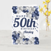 第50誕生日ネイビーバルーンお祝い カード (黄色い花)