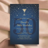 第50誕生日ネイビーブルーモダン金ゴールドカクテルパーティー 招待状