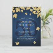 第50誕生日ネイビーブルーモダン金ゴールド葉 招待状 (スタンド正面)