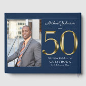 第50誕生日ネイビーブルー無地の金ゴールドカスタム写真 ゲストブック (裏面)