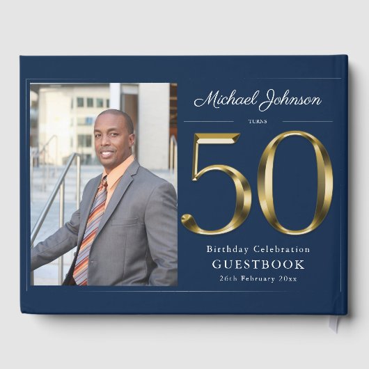 第50誕生日ネイビーブルー無地の金ゴールドカスタム写真 ゲストブック (裏面)