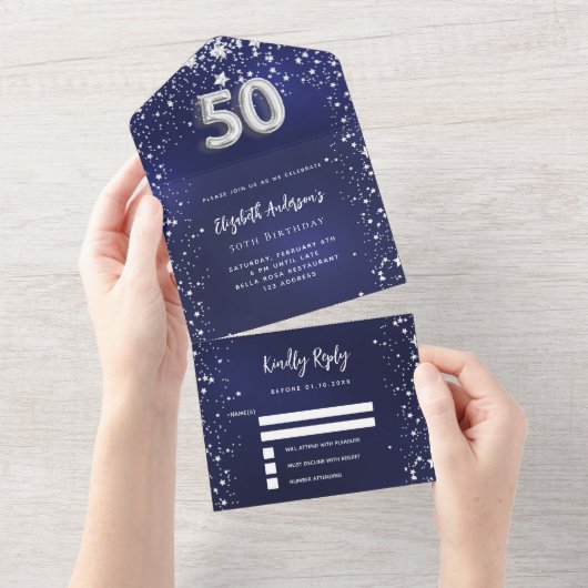 第50誕生日ネイビーブルー銀星rsvp オールインワン招待状 (貼ってはがせる)