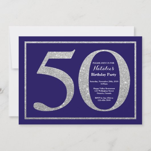 第50誕生日ネイビーブルー&シルバーグリッター 招待状 (正面)