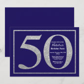 第50誕生日ネイビーブルー&シルバーグリッター 招待状 (正面/裏面)