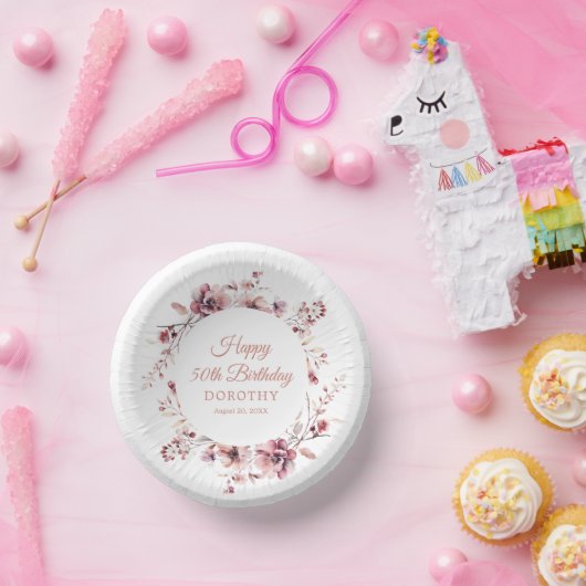 第50誕生日バパーソナライズされたルガンディーピンクフローラ ペーパーボウル (パーティー)