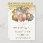 第50誕生日バラ金ゴールド及び金ゴールドグリッター 招待状 (正面/裏面)