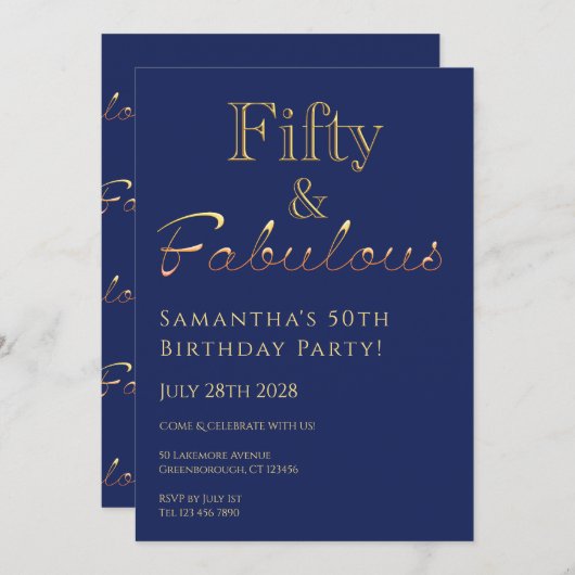 第50誕生日フィフティと素晴らしい海軍金ゴールド招待状 招待状 (正面/裏面)