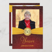 第50誕生日フォト招待状-赤と金ゴールド 招待状 (正面/裏面)