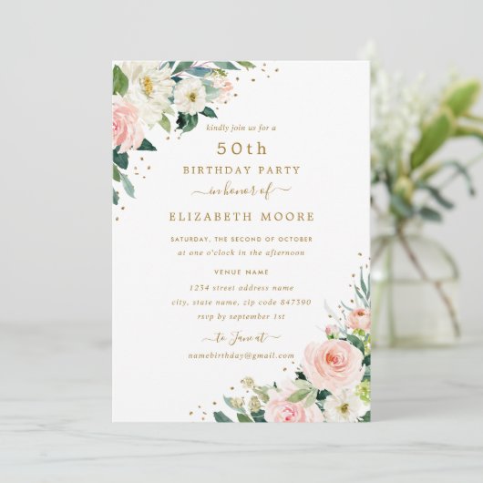 第50誕生日フローラ赤面金ゴールド 招待状 (スタンド正面)