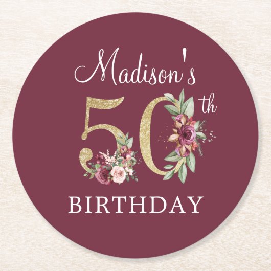 第50誕生日ブルゴーニュパーソナライズされた金ゴールド ラウンドペーパーコースター (正面)