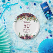 第50誕生日ブルゴーニュ |ピンクフローラグリッターパーティー ペーパープレート (パーティー)