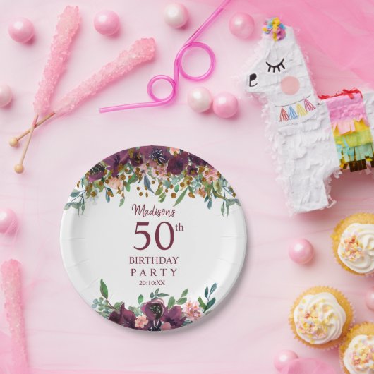 第50誕生日ブルゴーニュ |ピンクフローラグリッターパーティー ペーパープレート (パーティー)