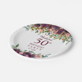 第50誕生日ブルゴーニュ |ピンクフローラグリッターパーティー ペーパープレート (アングル)