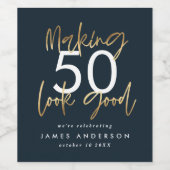 第50誕生日ブルーと金ゴールドシンプルエレガントモダン ワインラベル (シングルラベル)