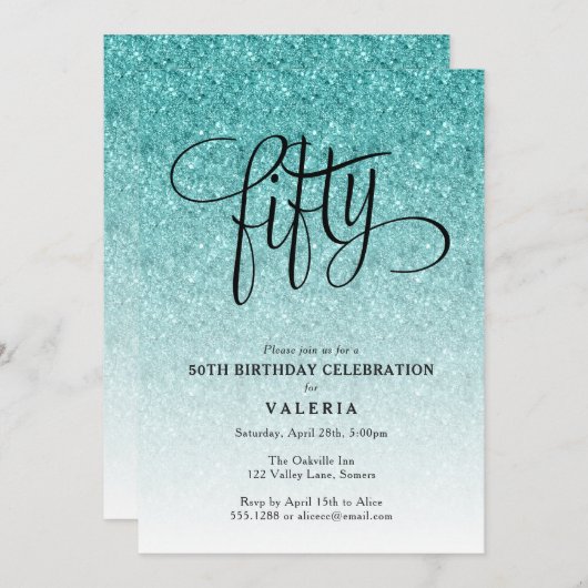 第50誕生日ブルーグラデーショングリッター招待状 招待状 (正面/裏面)