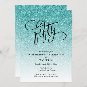 第50誕生日ブルーグラデーショングリッター招待状 招待状