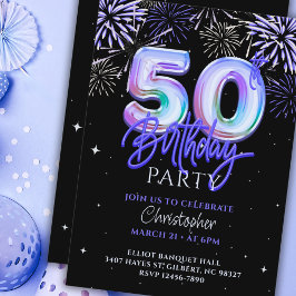 第50誕生日ブルー花火フォイルバルーンへ 招待状