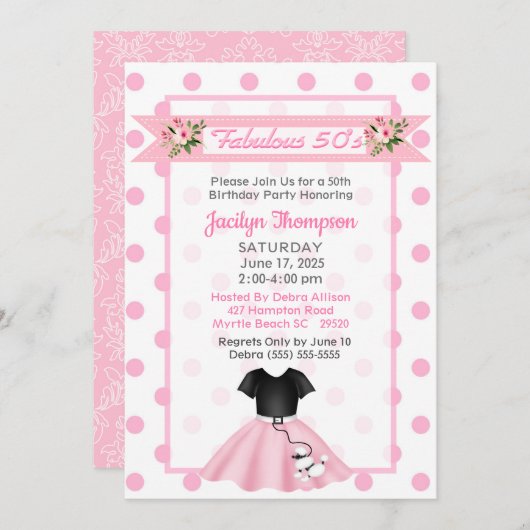 第50誕生日プードルスカート – 素晴らしい50s 招待状 (正面/裏面)