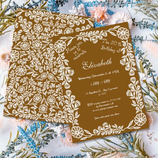第50誕生日ホワイト&ブラウン植物学フローラ 招待状