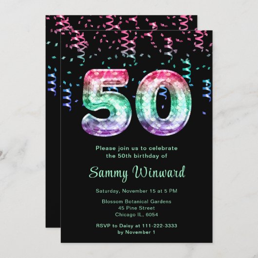 第50誕生日マーメイドバルーン紙吹雪 招待状 (正面/裏面)