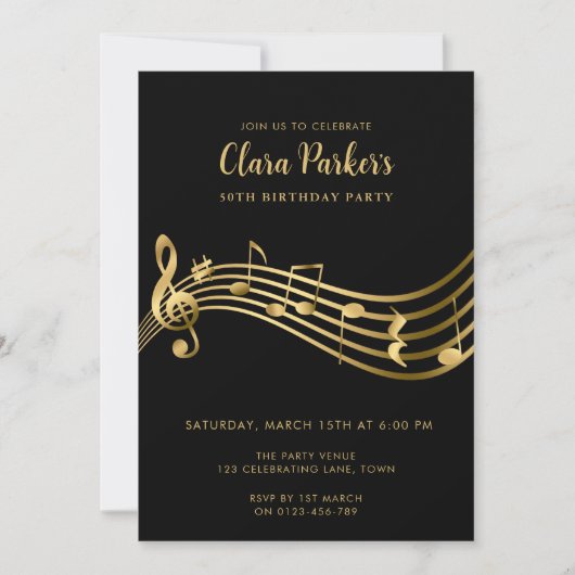 第50誕生日ミュージックノートエレガント金ゴールド 招待状 (正面)
