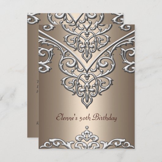 第50誕生日メタルシルバーのコーヒーオーバーレイ 招待状 (正面/裏面)