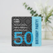 第50誕生日モダンな色パターン青いダマスク織1 招待状 (スタンド正面)