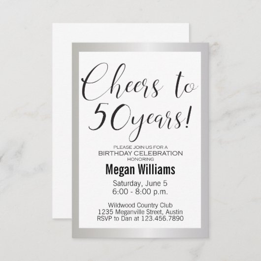 第50誕生日モダンミニマリスト銀パーティー 招待状 (正面/裏面)