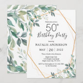 第50誕生日ユーエレガントカリ・グリーンリーと金ゴールド 招待状 (正面/裏面)