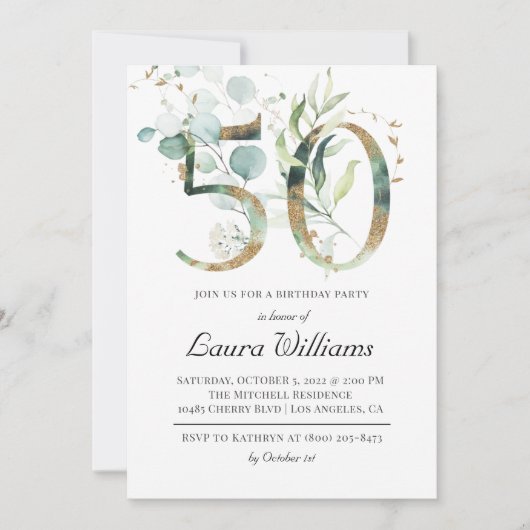 第50誕生日ユーカリプスグリーン招待状 招待状 (正面)