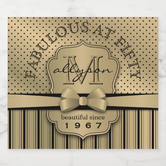 第50誕生日ワきらめくイン金ゴールド水玉模様ストライプ スパークリングワインラベル (シングルラベル)