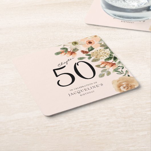 第50誕生日ヴィンテージフローラ スクエアペーパーコースター (アングル)