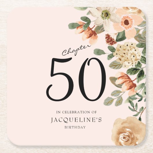 第50誕生日ヴィンテージフローラ スクエアペーパーコースター (正面)
