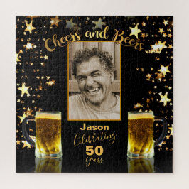 第50誕生日写真テンプレート応援とビール ジグソーパズル