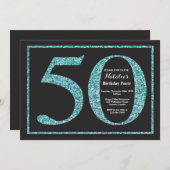 第50誕生日招待状ティール(緑がかった色)グリッターシャルボード 招待状 (正面/裏面)